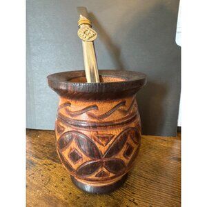 New Wooden Yerba Mate Gourd and Bombilla Straw